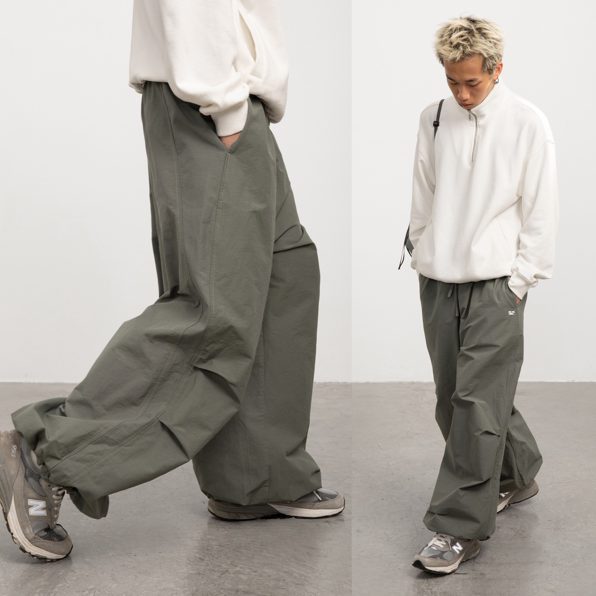 Grey-green American Trench Coat Wide-leg Sweatpants