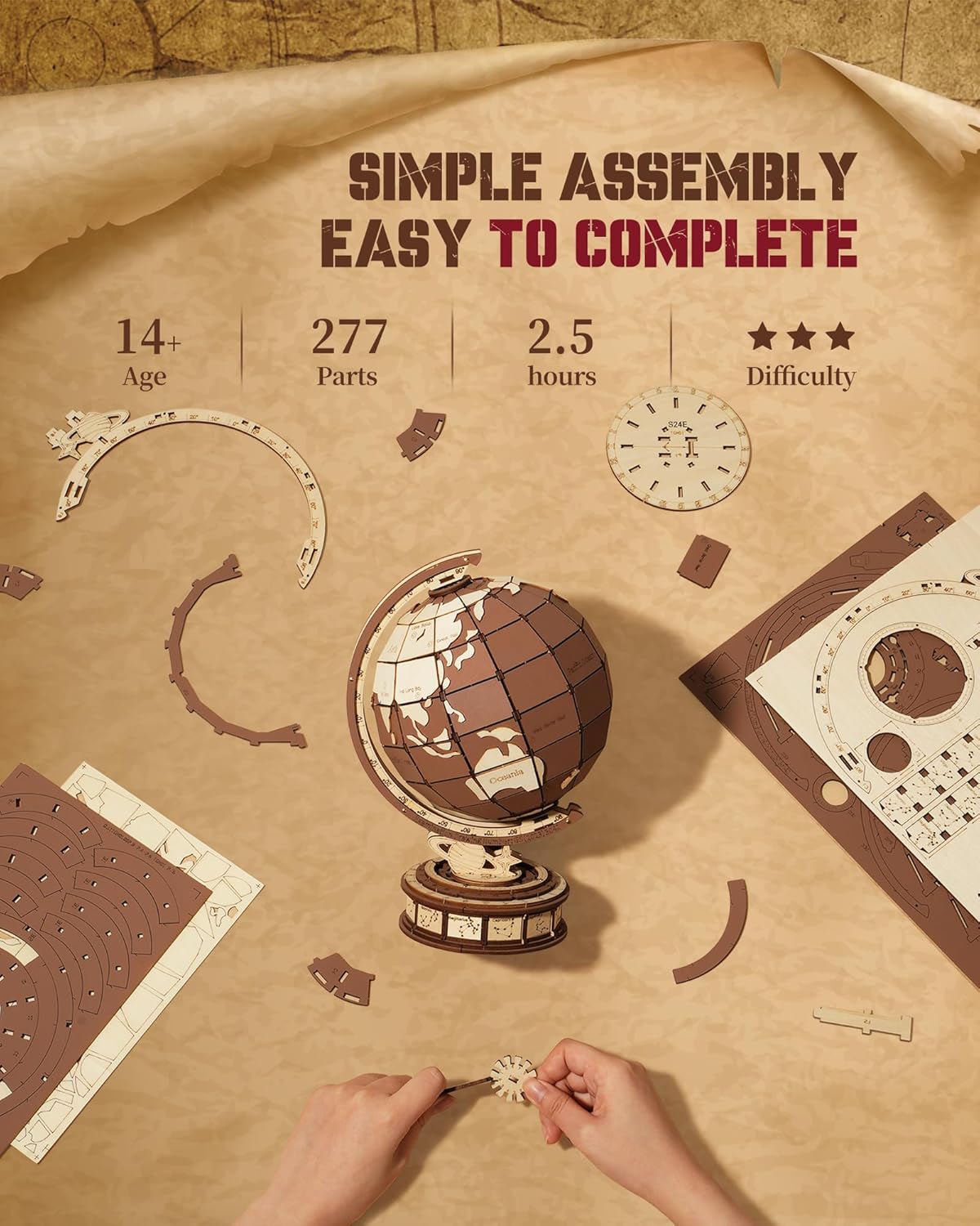 ROBOTIME 3D Wooden Globe Puzzle - 277-piece Rotating World Map Model Set With Astronomical Base, Fun DIY Project For Teenagers, Excellent Decoration