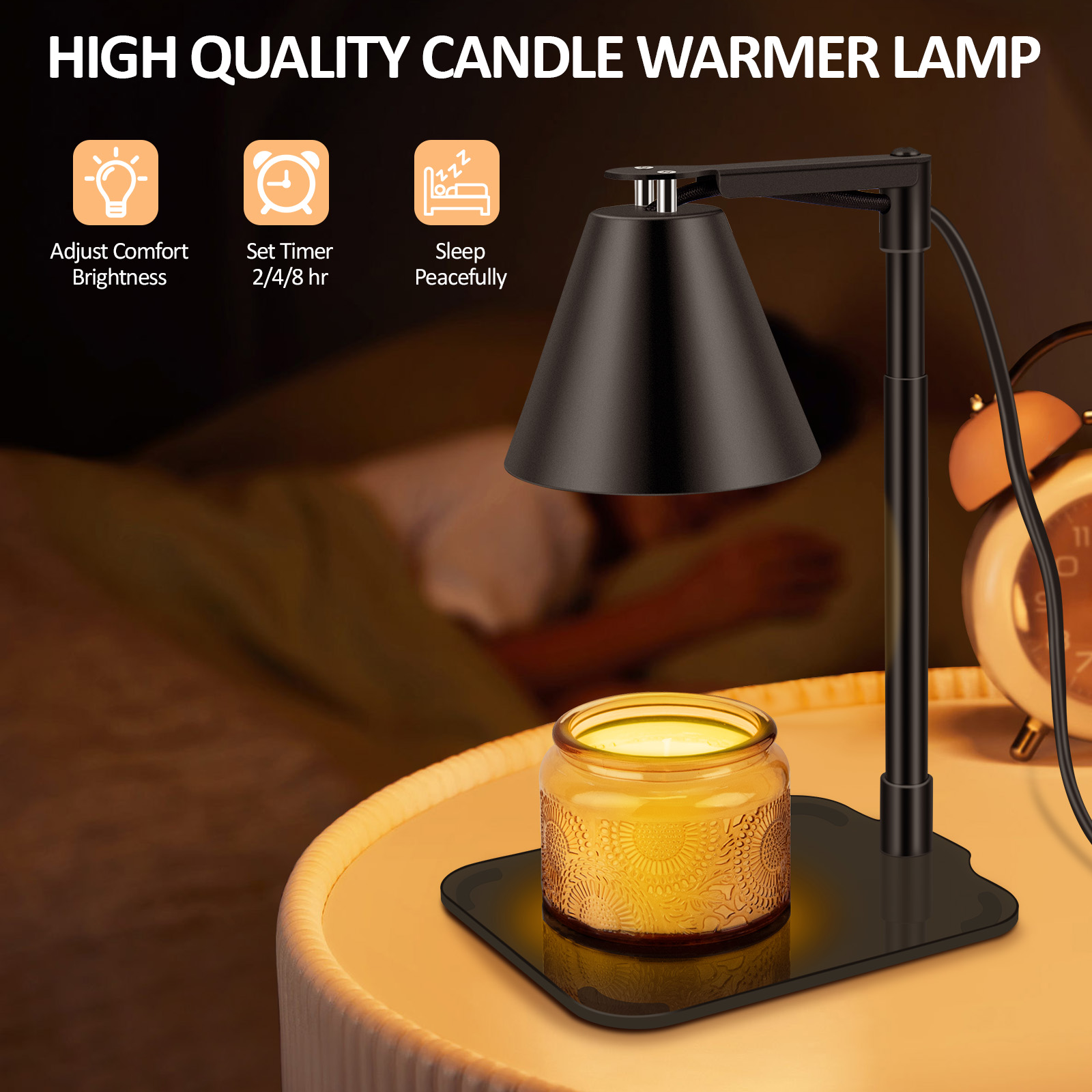 Electric Candle Warmer Lamp with Timer. HIGH QUALITY CANDLE WARMER: Candle warmer lamp with timer function can give you peace of mind to do other things. The electric candle warmer has three timer settings (2/4/8 hours) that you can set to suit your needs