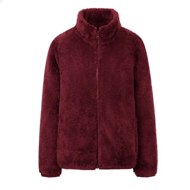 Autumn And Winter Coat Stand up Collar Double Face Fleece Coral Cashmere Hoodie Wine Red - Shop at LoveMi