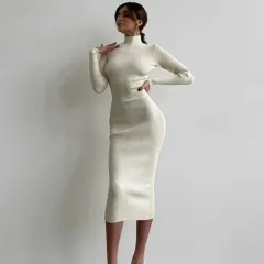 Long Pit-striped Knitted Skirt With High Collar - White - View 1