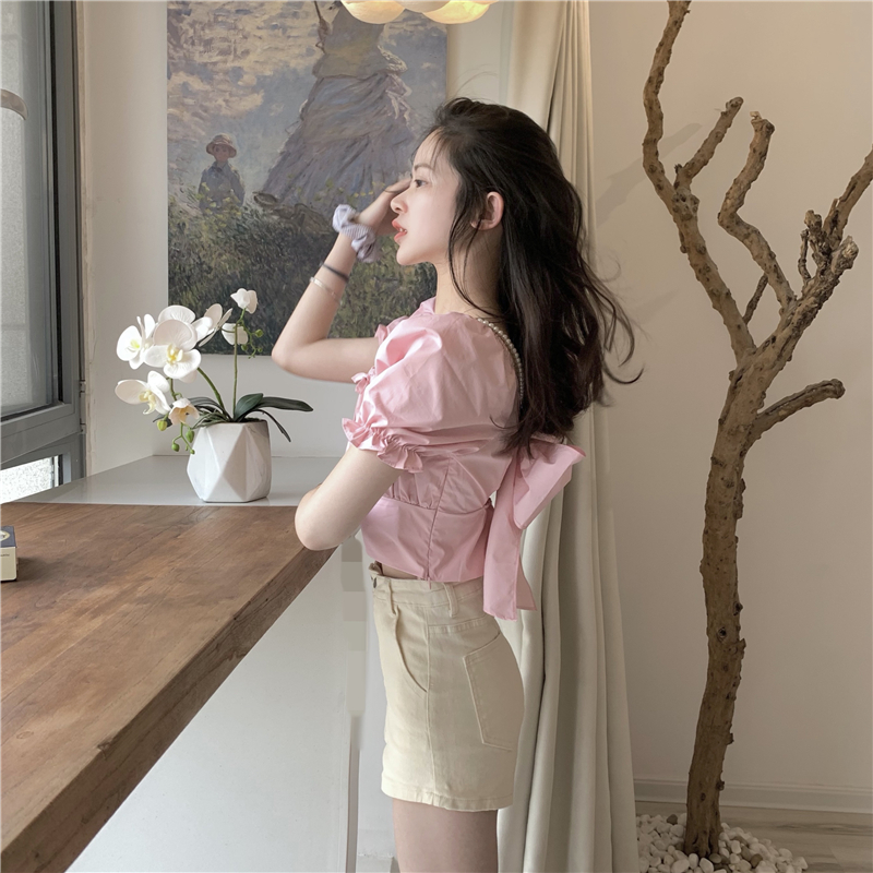 Title 14, Puff Sleeve Retro High Waist Slim Short Sleeve