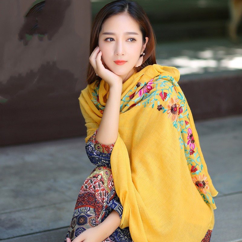 Ethnic Style Embroidered Floral Scarf Shawl Sunscreen Silk Female