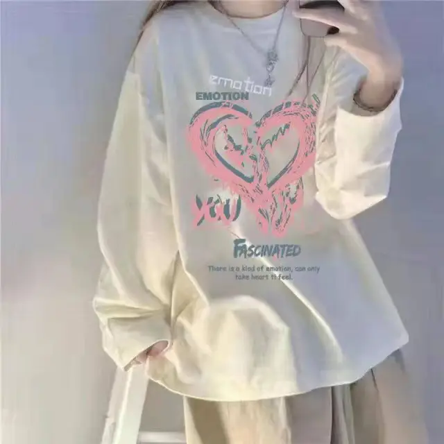 New Personalized Printed Loose And Versatile Long Sleeved T shirt For Women Double Image Love - Shop at LoveMi
