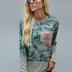 Autumn And Winter New Long-sleeved Bottoming Shirt Casual Stitching T-shirt - Camouflage Green - View 1
