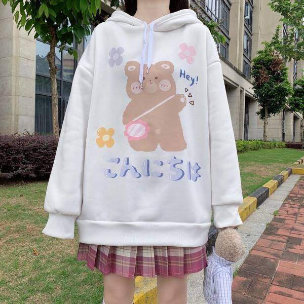 Title 2, Loose And Versatile Cartoon Bear Print Hooded F...