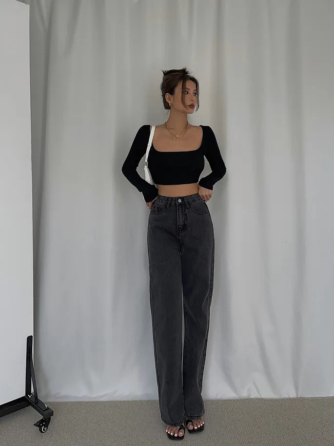 Fall New Women's High Waist Mopping Drape Jeans - Grey