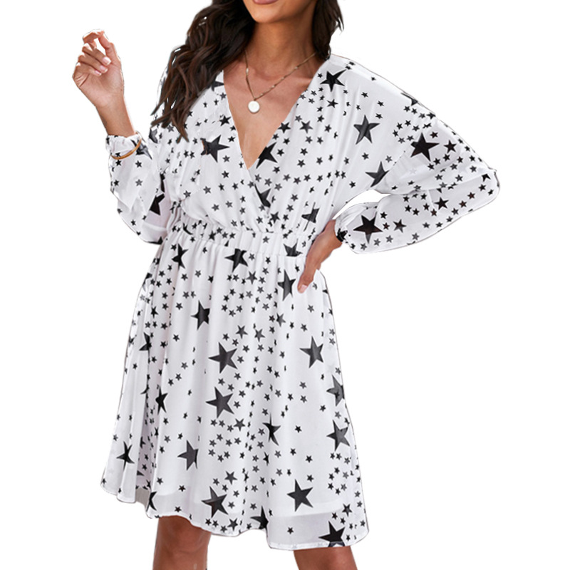 Fashion Star Print Mesh Sleeve Lined Long Sleeve Dress White - Shop at LoveMi