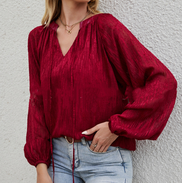 Solid Color V-neck Chiffon Shirt Loose Long Sleeve Top