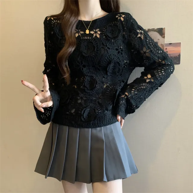 Women's 3D Crochet Lace Blouse Embroidered See Through Knit Top With Round Neck Long Sleeves Black - Shop at LoveMi