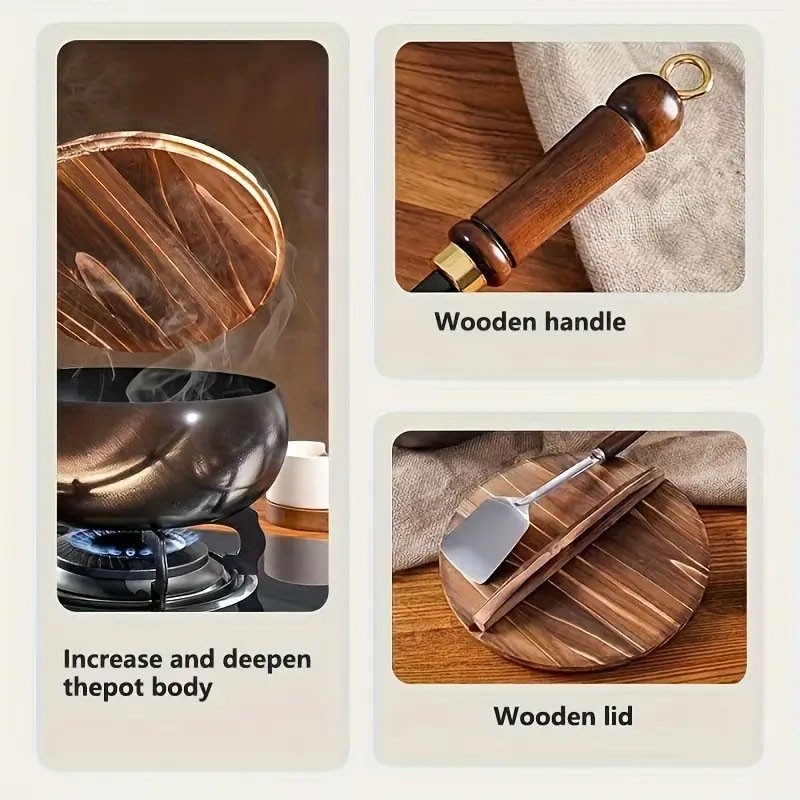 28CM Cast Iron Pot Cooking Wok Wooden Lid Handle