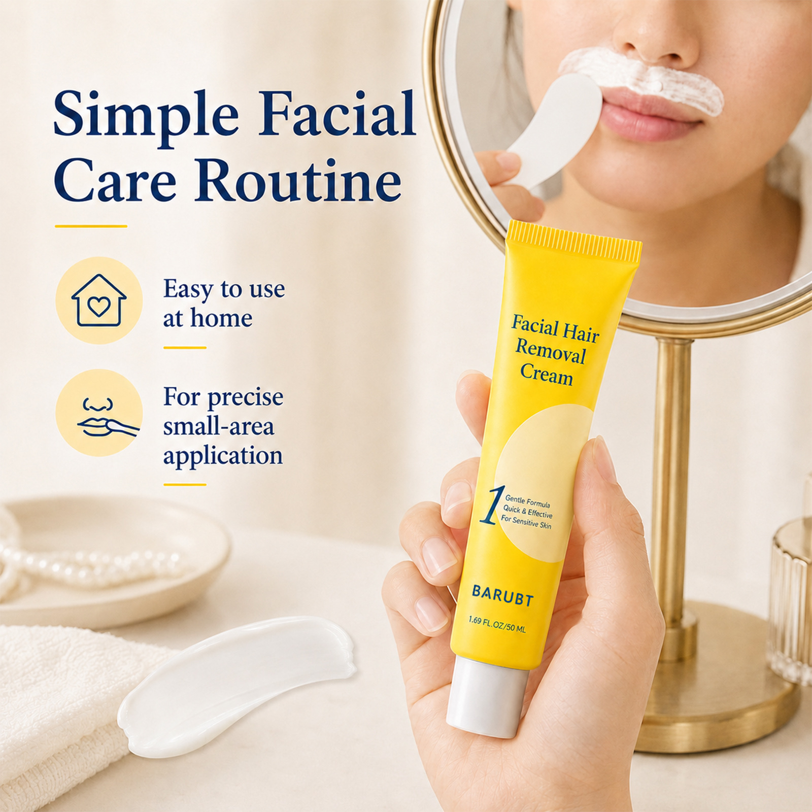Facial Hair Removal Cream Kit, Gentle Formula For Sensitive Skin, 50ml