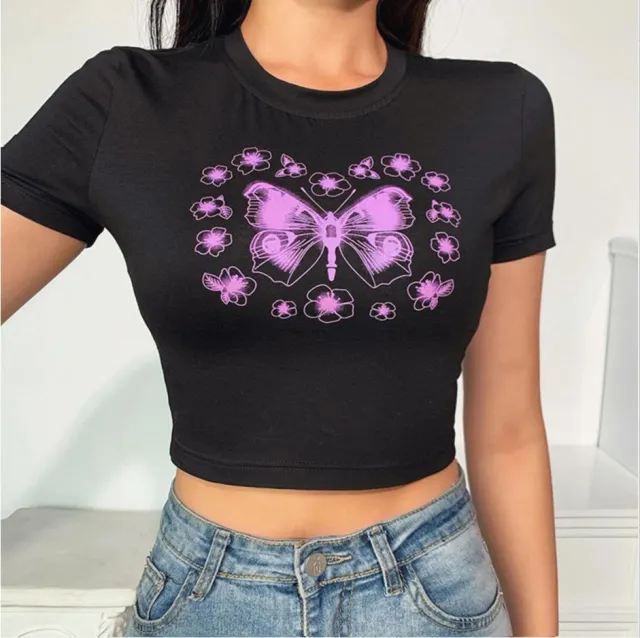 New European Style Short Sleeve Round Neck Butterfly Print Raglan Sleeve T shirt Top Black - Shop at LoveMi