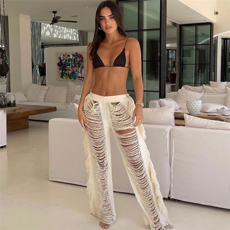 Women's Cutout Shredded Tassel Slim Fit Straight Casual Trousers White - Shop at LoveMi