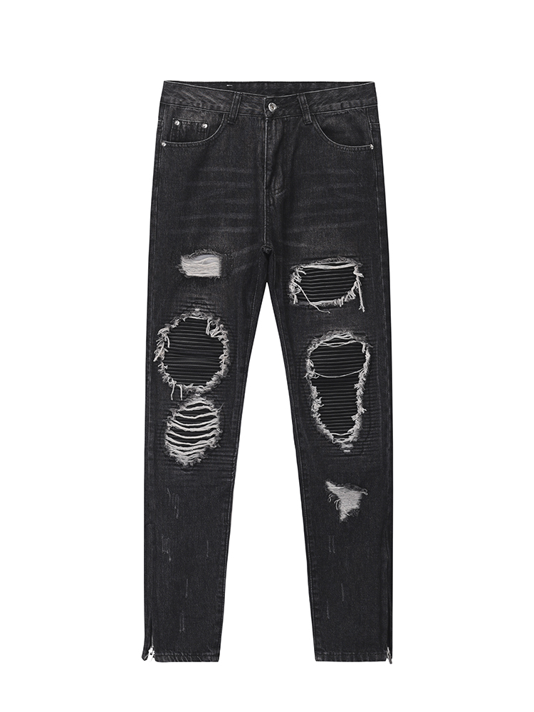 Title 5, Men Ripped Patch PU and Leather Zipper Jeans. S...