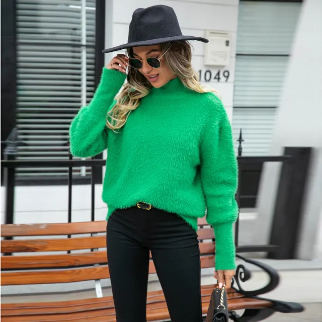 Women's Fashionable Simple Solid Color Turtleneck Plush Sweater Green - Shop at LoveMi