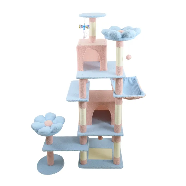 71 Inch Flower Cat Tree With Large Condo Removable Flower Cushion And Hammock Blue Cat Climbing Frame - Shop at LoveMi