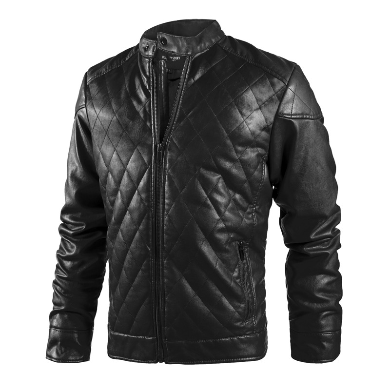 Men's Winter Plush PU Leather Jacket Stand-up Collar