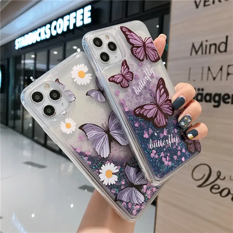 Purple Butterfly Chrysanthemum Daisy Glitter Quicksand Shell