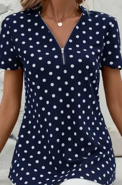 Polka Dots Print V Neck Blouse, Elegant Zipper Front Short Sleeve Blouse For Spring & Summer, Women's Clothing - Navy Blue - View 1