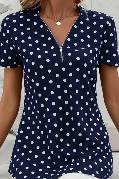 Polka Dots Print V Neck Blouse, Elegant Zipper Front Short Sleeve Blouse For Spring & Summer, Women's Clothing Navy Blue - Shop at LoveMi