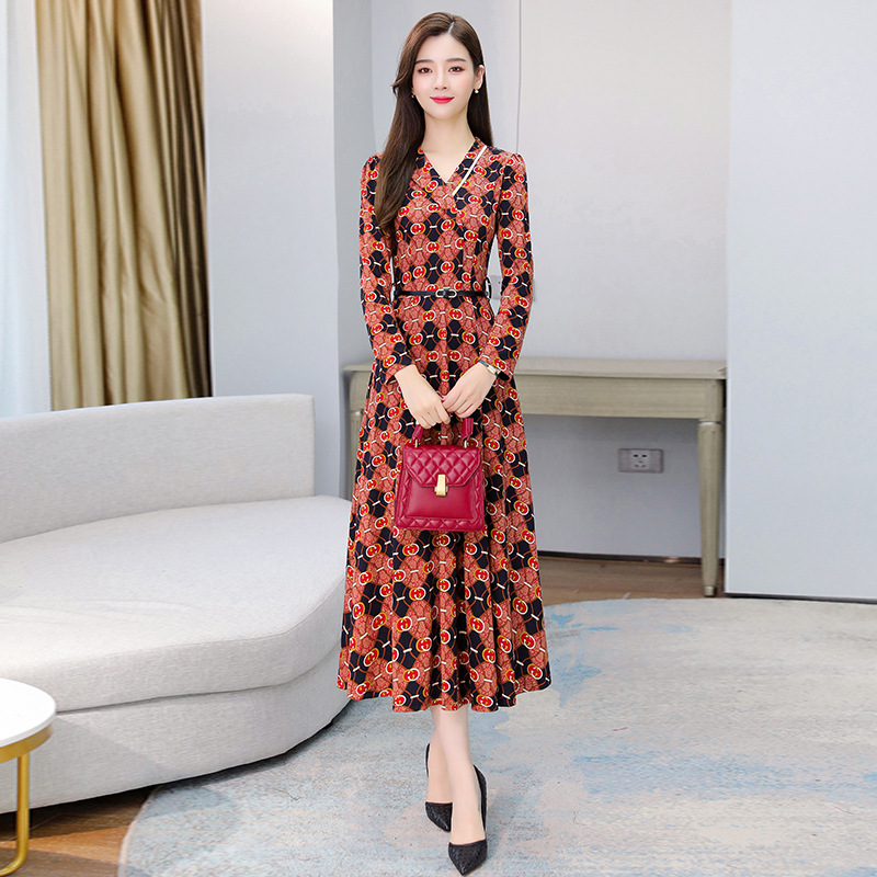 Elegant Autumn Winter Printed V neck Long Sleeve Dress Orange - Shop at LoveMi