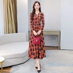 Elegant Autumn Winter Printed V-neck Long Sleeve Dress - Orange - View 1