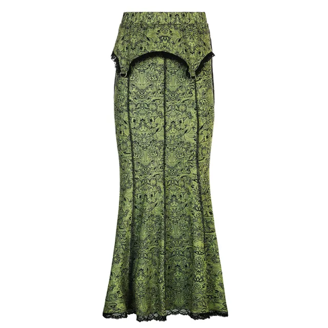Women's Vintage Print Lace Trim Irregular Skirt Green - Shop at LoveMi