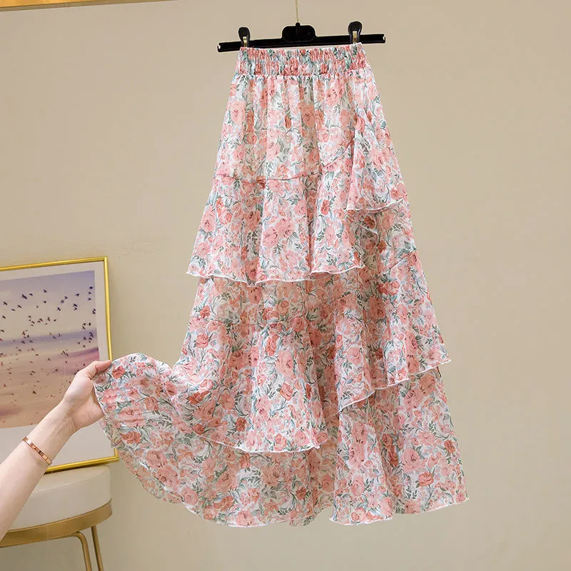 Floral Irregular Ruffle Versatile Cake Dress - Pink
