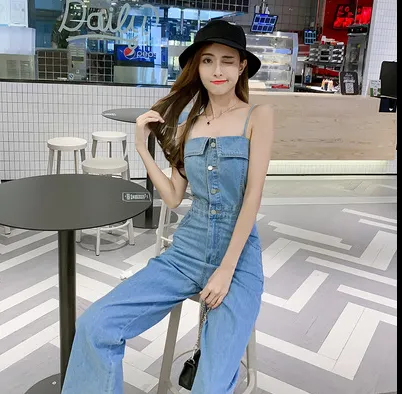 Spring And Summer Korean Version Tube Top Shows Thin Wide leg Nine point Jumpsuit Light Blue - Shop at LoveMi