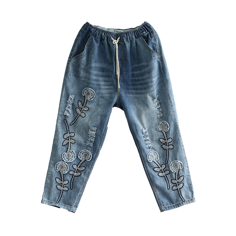 Title 2, Patch embroidered literary fan hole harem pants