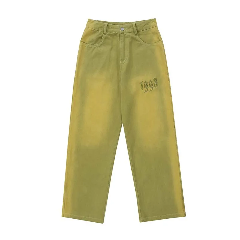 High Street Gradient Frayed White Letter Embroidered Jeans Men's Style - Green