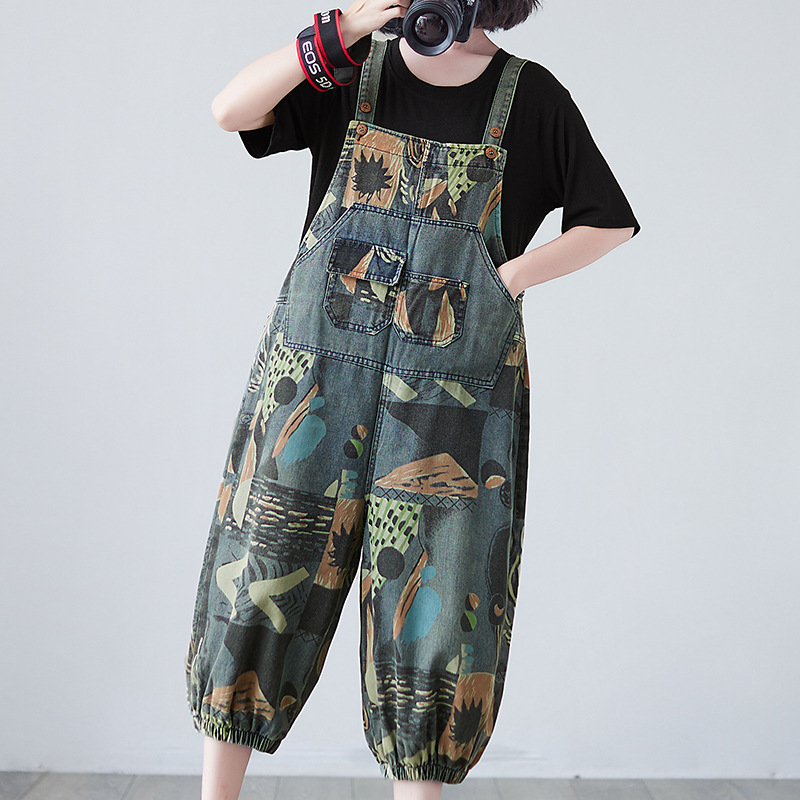 Summer Real Shot Fat Mm Printed Denim Slim Overalls