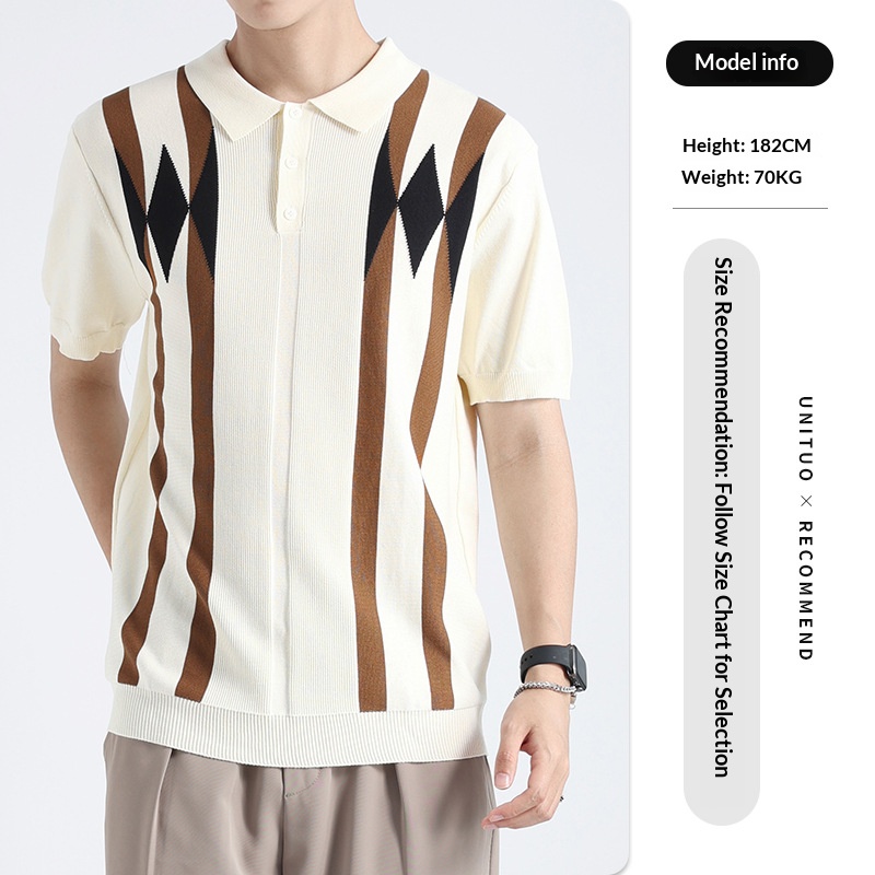 Cross-border Old Money Style Men's Argyle Ice Silk Knitted Polo Shirt, Color-block Casual Men's Paul T-shirt