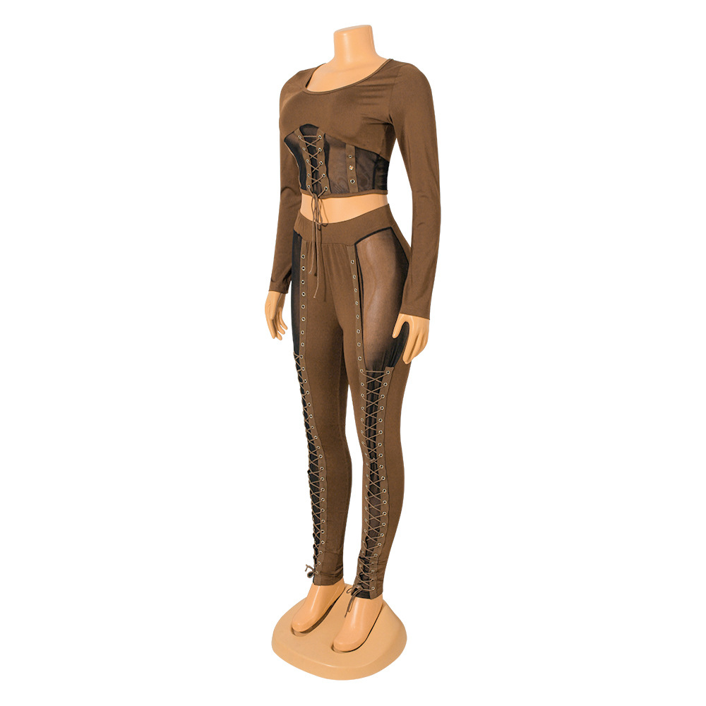 Fashion Sexy Stitching Strap Long Sleeve Two-Piece Suit