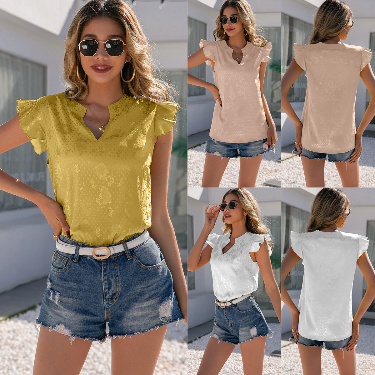 Satin V-Neck Ruffle Sleeve Pullover Shirt Women