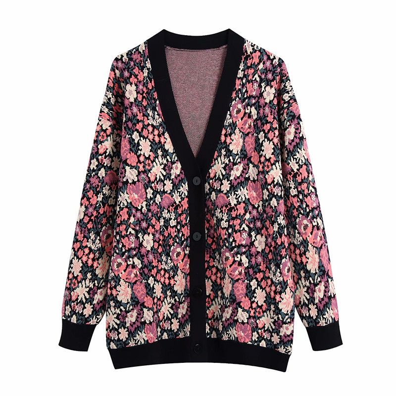 Ladies Fashion Personality Flower Jacquard Knit Cardigan
