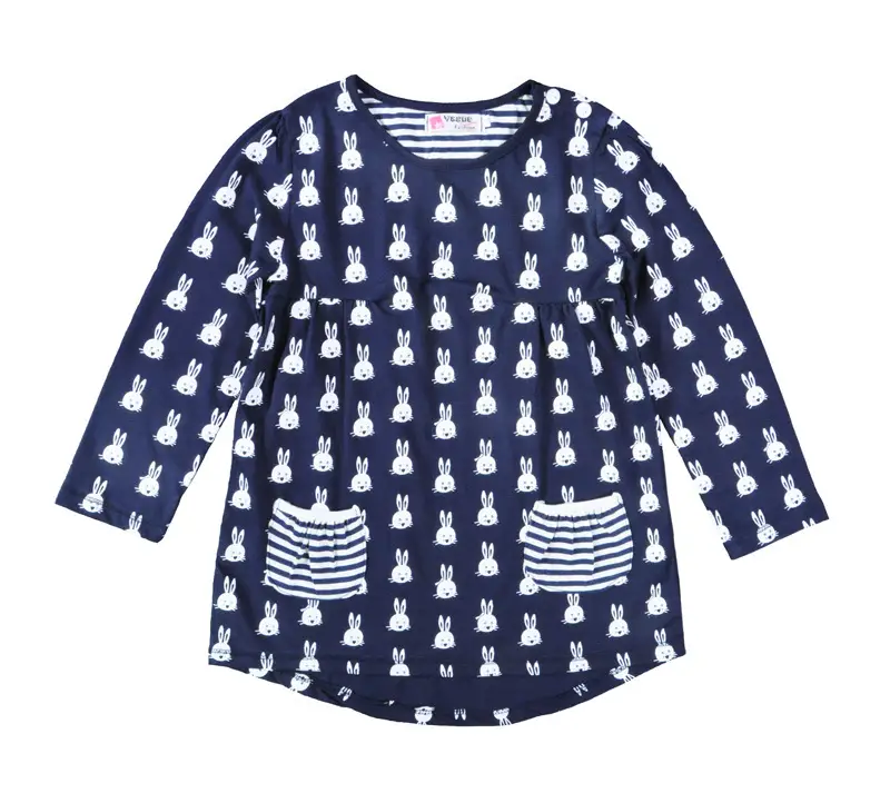 Girls Round Neck Long Sleeve Cartoon Bunny Print Princess Dress