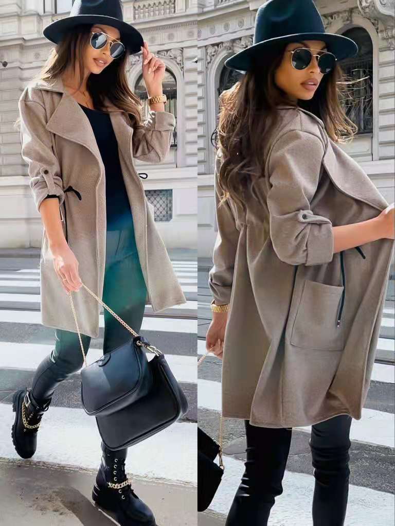 Fashion Suit Collar Drawstring Mid length Trench Coat Dark Grey - Shop at LoveMi