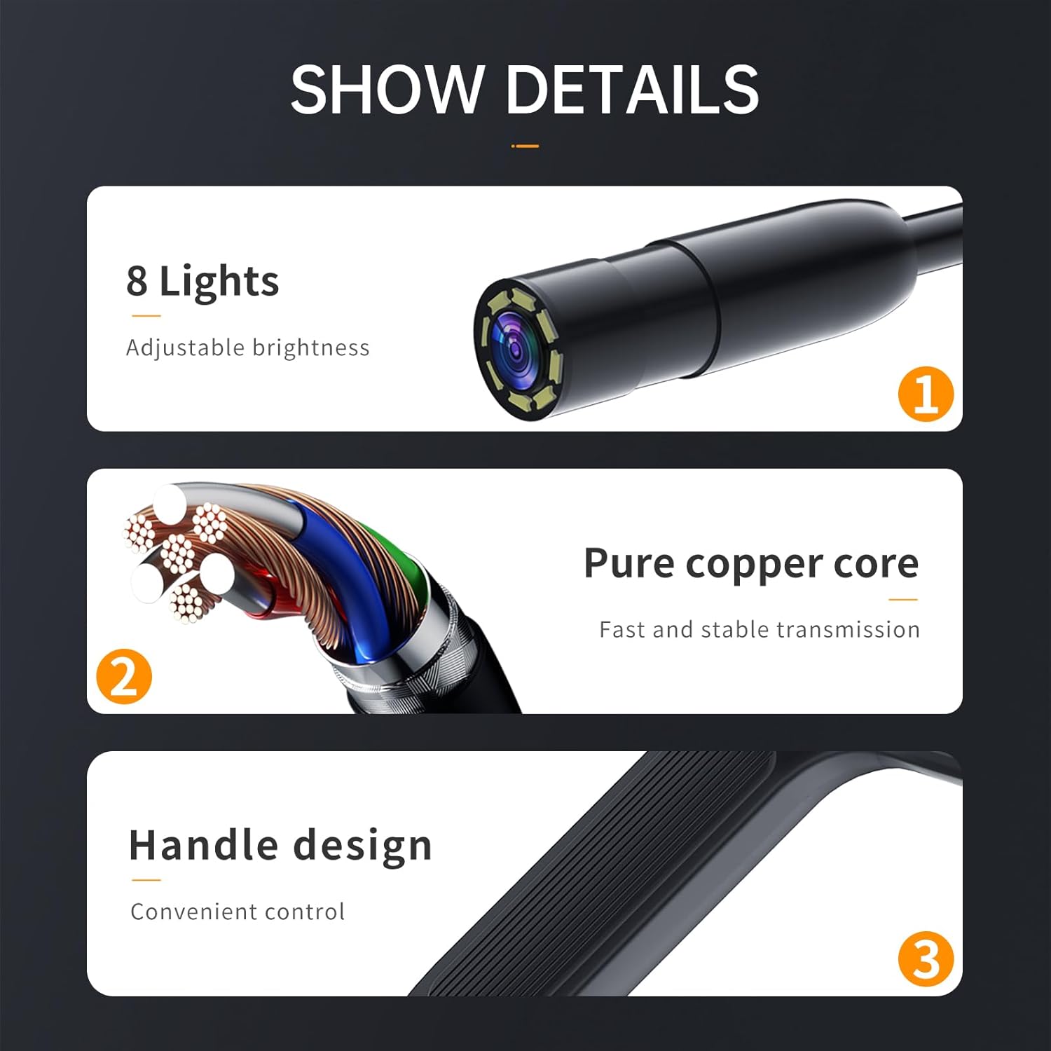 Borescope With Light, Industrial Endoscope Inspection Camera  With Light - 2,5,10m Snake Camera For Automotive, Aircraft, And Pipe Inspection - Portable Boroscope With Led Lighting For Clear 