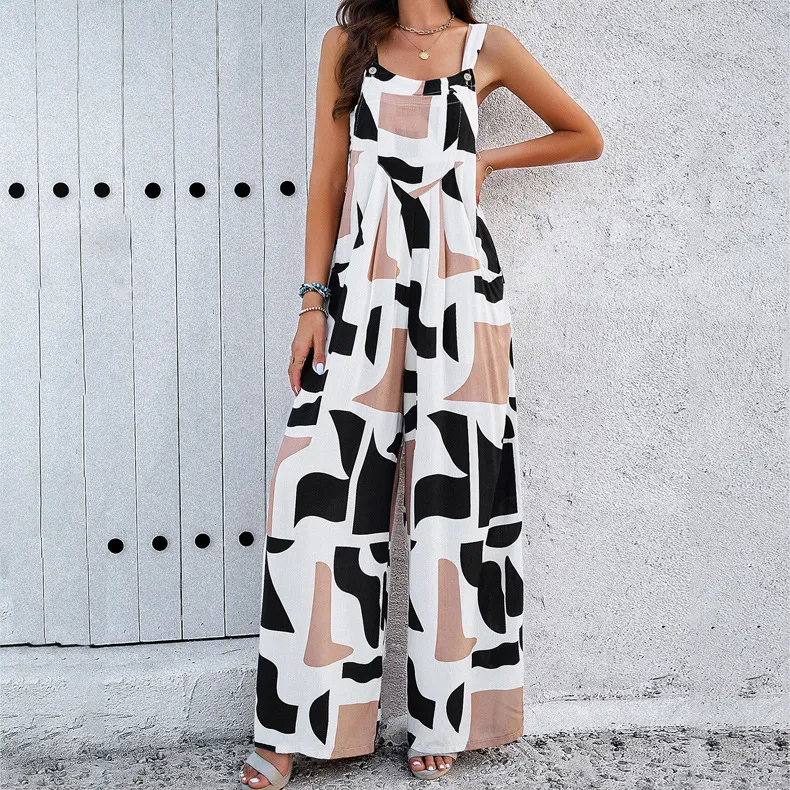 Fashion Print Square Neck Jumpsuit With Pockets Spring Summer Casual Loose Overalls Womens Clothing - Coffee