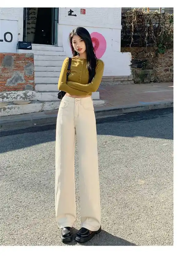 Beige High Waist Straight Skinny Jeans For Women Design Wide Leg Drape Mopping Pants Apricot - Shop at LoveMi