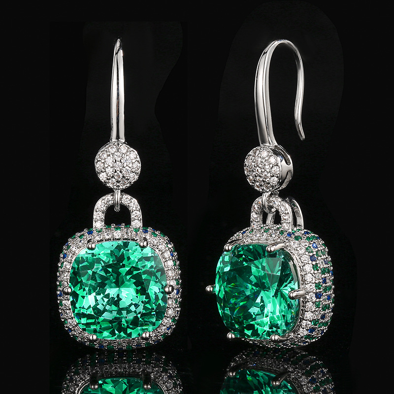 Vintage Light Luxury Dangle Earrings For Women, Cushion Cut Emerald Tone Simulated Zirconia Full Pave Rhinestone Silver Tone Hook Ear Jewelry Elegant Party Accessories — view 2