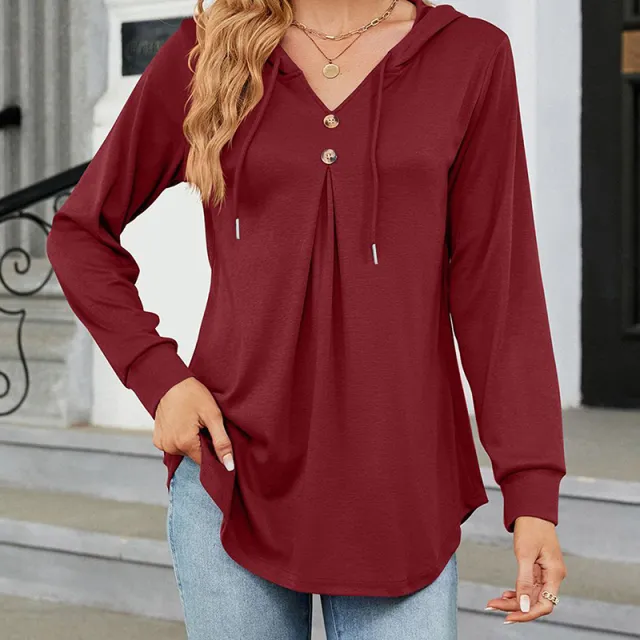 Women's Long Sleeve Hooded Tunic Tops Button Swing Pullover Hoodie Sweatshirts Wine Red - Shop at LoveMi