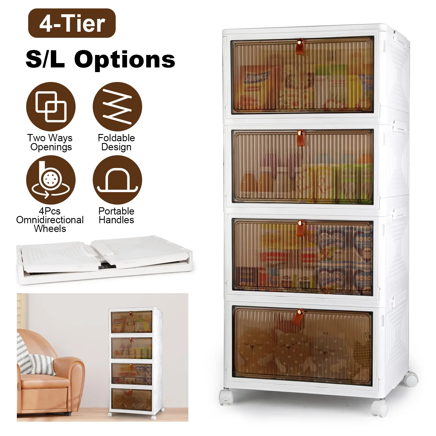 4Pc Foldable Storage Bins With Lid For Home Storage Front Magnetic Door Collapsible Stackable Closet Organizer Containers With 4Pcs 360 Degree Rotatable Wheels