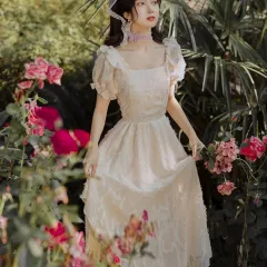 Retro Girl Court Style Lace Embroidered Dress - Apricot - View 1