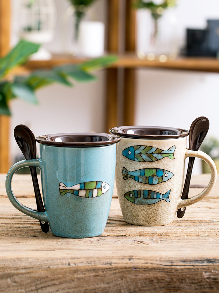 Ceramic Water Cup Creative Fish Pattern Coffee Cup With Lid Spoon