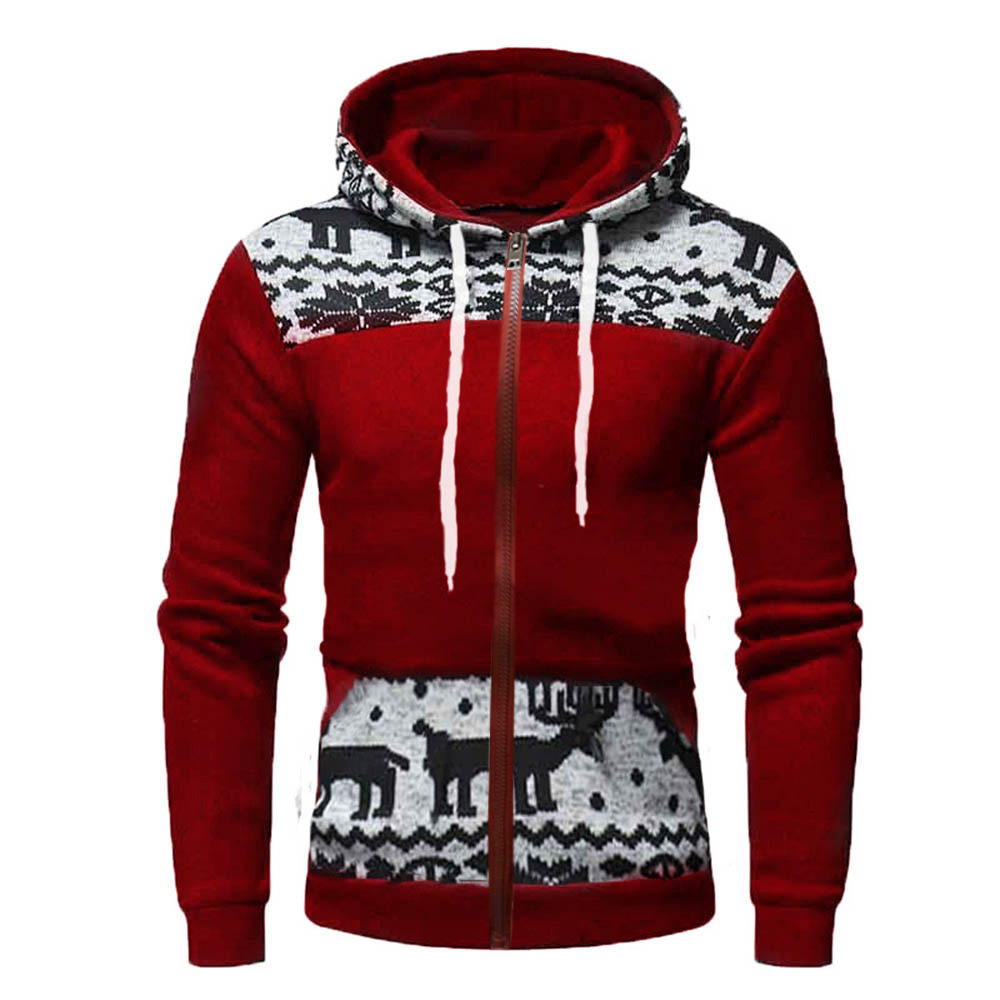 Explosion Style Men's Christmas Elk Print Solid Color Cardigan Hooded Zipper Trendy Sweater