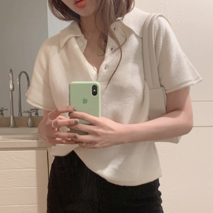 Short Knit Sweater Thin Women's Polo Collar Short Sleeve Loose Top Base Sweater