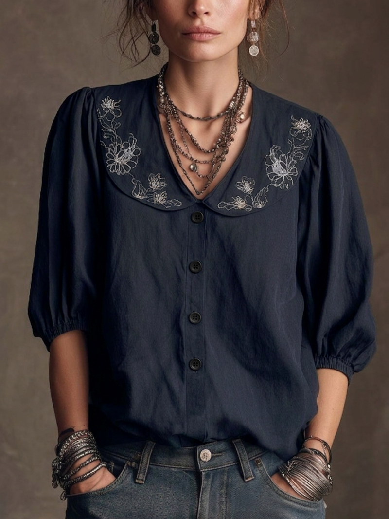 Floral Printed Peter Pan Collar Puff Sleeve Blouse